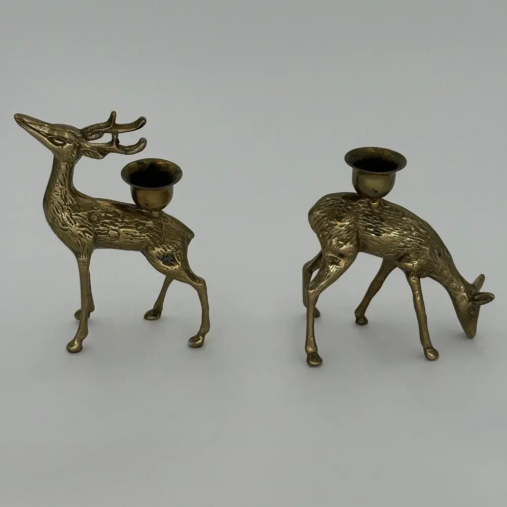 Solid Brass Stag Buck and Doe Candlestick Holders Vintage Holiday Figurines
